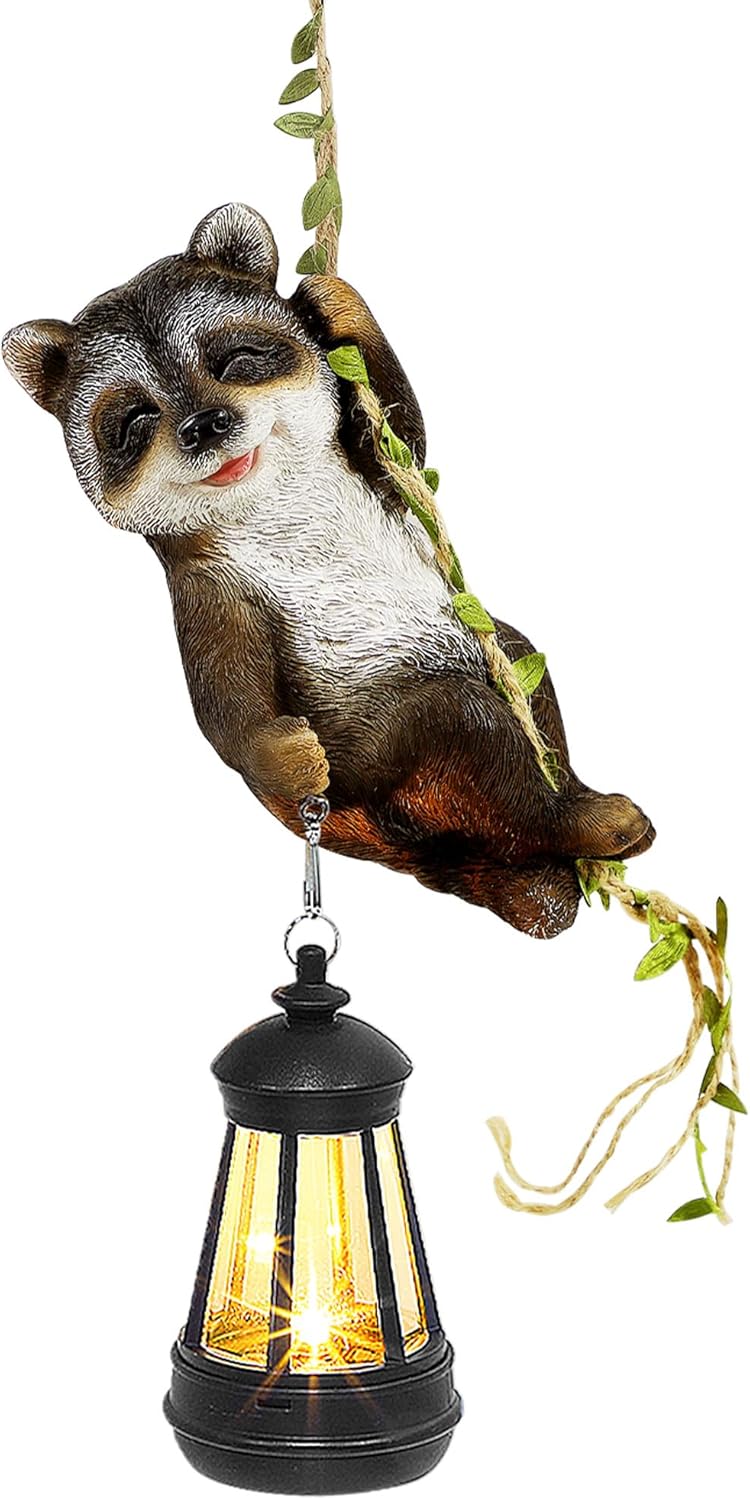 ZaaYee Solar Hanging Raccoon Statue, Outdoor Resin Animal Figurine with LED Lights for Garden, Fence, Porch, Patio, Yard Decor, Dusk to Dawn Auto On/Off - Image 1
